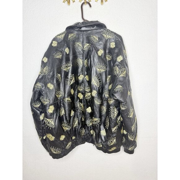 Original Modal Black Lambskin Leather Jacket Embroidered Diamonds $$ 3XL Read - Picture 10 of 13